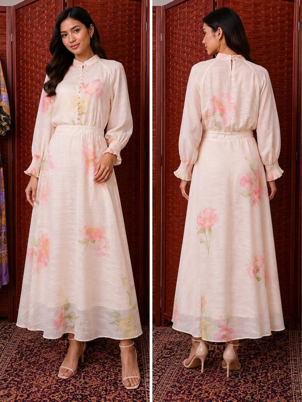 2 Pcs Women’s Pink Floral Blouse And Skirt